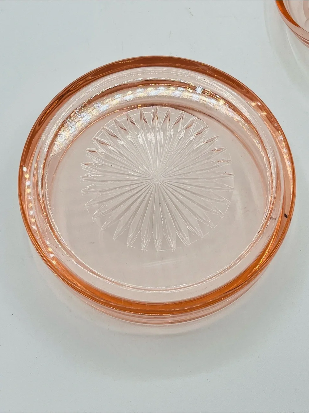 Peach Pink Pressed Glass Covered Trinket Dish